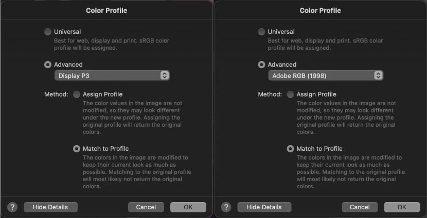 Pixelmator Pro color profile dialog